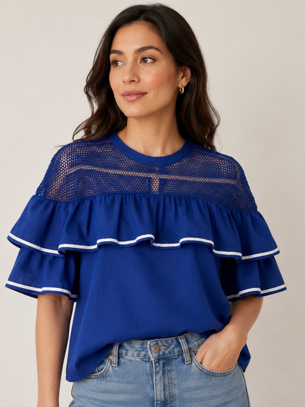 Belle Sky, Royal Blue Crochet Mesh Ruffle Top with White Trim. Large.